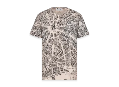 Dior Women's Cotton and Linen Jersey with Plan de Paris Motif T-Shirt "White/Navy Blue"