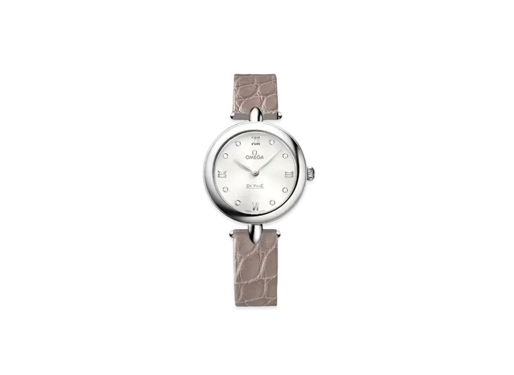 OMEGA De Ville Prestige 8P Diamonds Leather Strap 27.4MM "Stainless Steel/Silver/Beige" 424.13.27.60.52.001