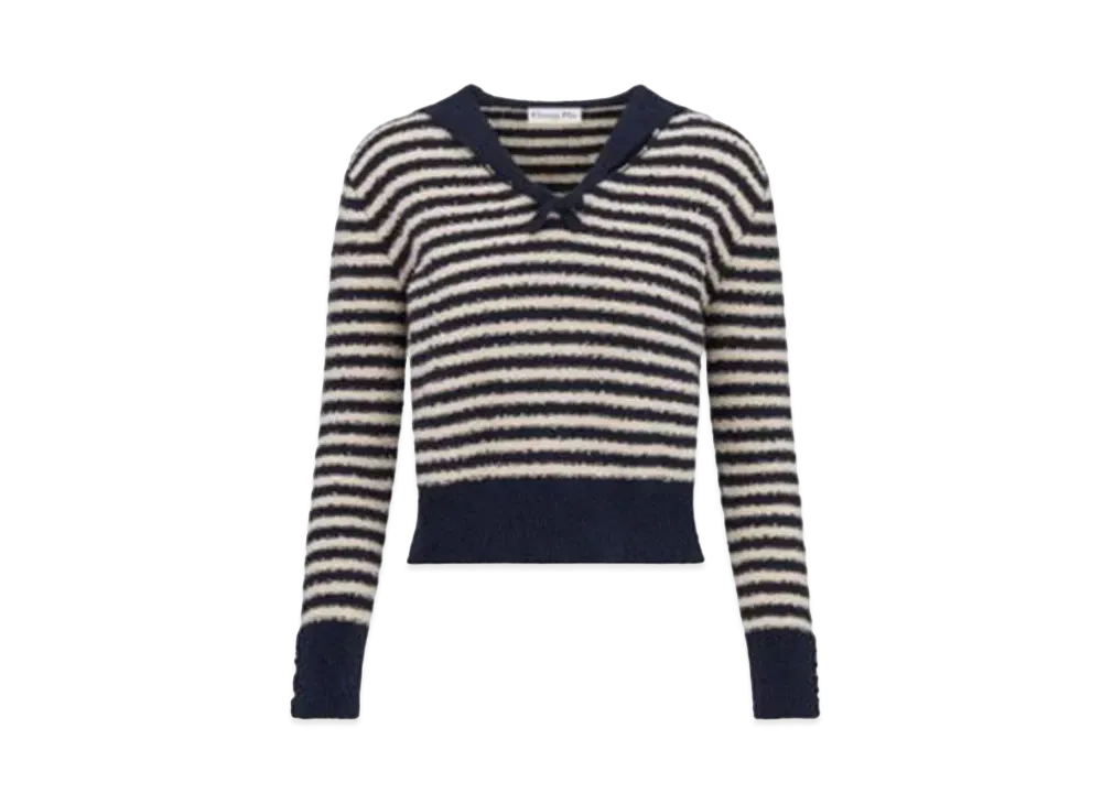 Dior Mariniere Sweater with Sailor Collar and Bow Cotton Knit "Navy Blue/White"