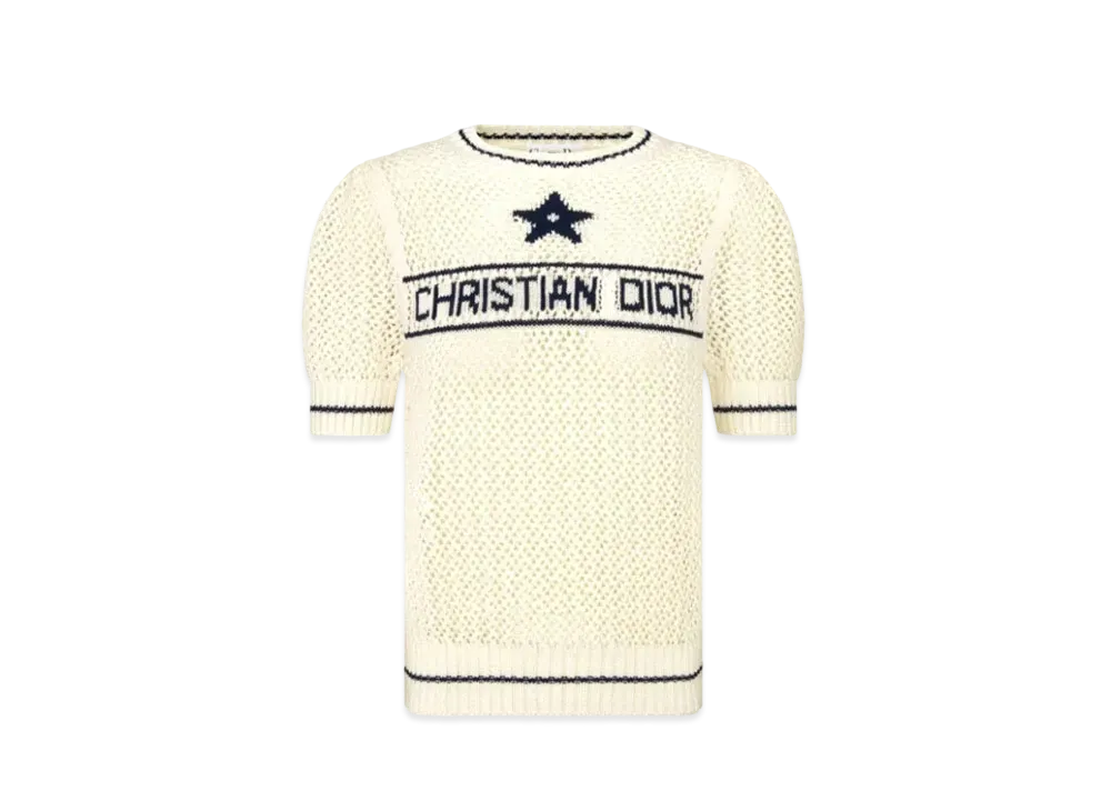 Dior Women's Short-Sleeved Sweater Openwork Cotton Knit "White/Navy Blue"