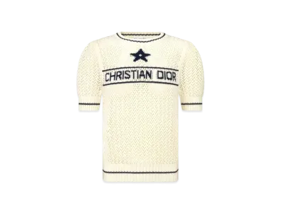 Dior Women's Short-Sleeved Sweater Openwork Cotton Knit "White/Navy Blue"