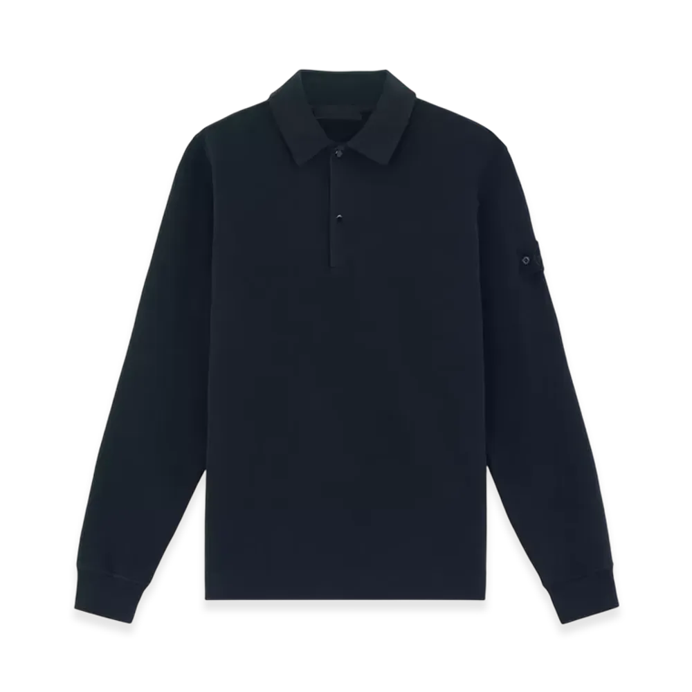 Stone Island 649F7 Stretch Organic Cotton Fleece Stone Island Ghost Polo Sweatshirt with Snaps at Neck - 24FW "Navy Blue"
