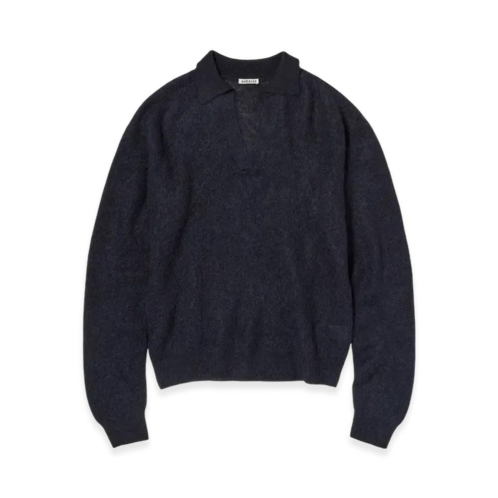 AURALEE Baby Suri Alpaca Sheer Knit Skipper Polo "Navy"