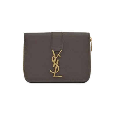 Saint Laurent Ysl Line Compact Zippered Wallet In Grained Leather "Pebble"