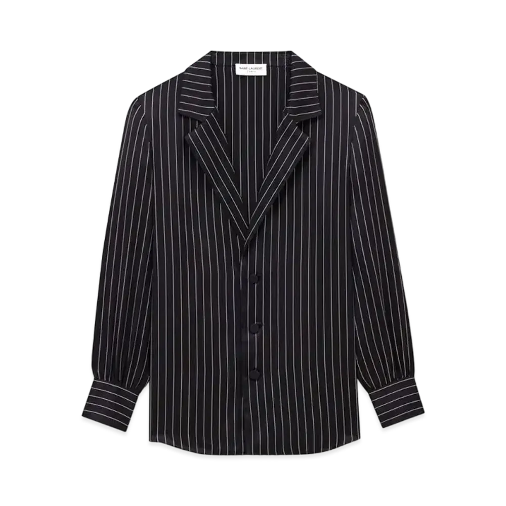 Saint Laurent Women's Pajama Shirt in Striped Silk Satin "Black Craie"