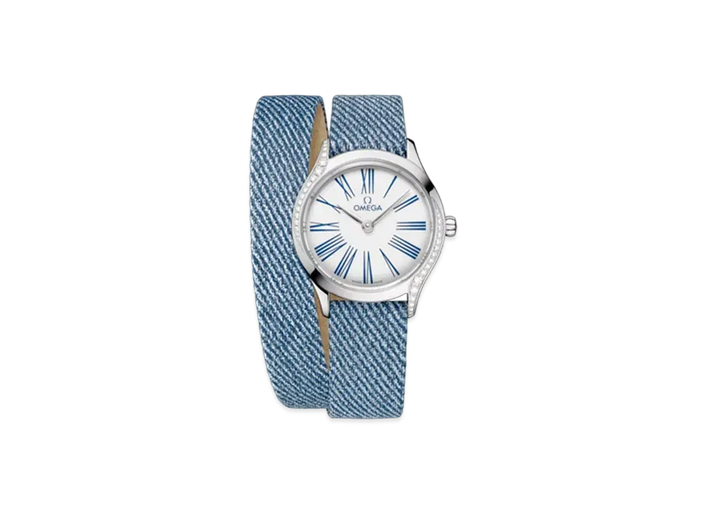 OMEGA De Ville Mini Tresor Diamonds Blue Jeans Pattern Grain Calf Leather Double Strap 26MM "Stainless Steel/White/Blue" 428.17.26.60.04.009