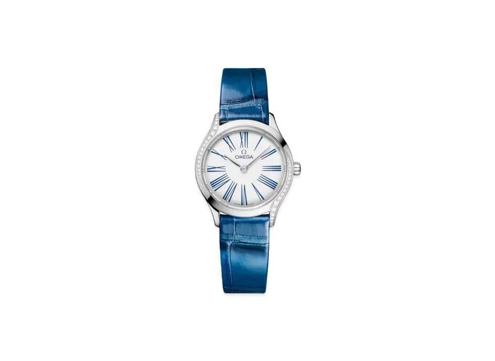 OMEGA De Ville Mini Tresor Diamonds Alligator Leather Strap 26MM "Stainless Steel/White/Blue" 428.18.26.60.04.002