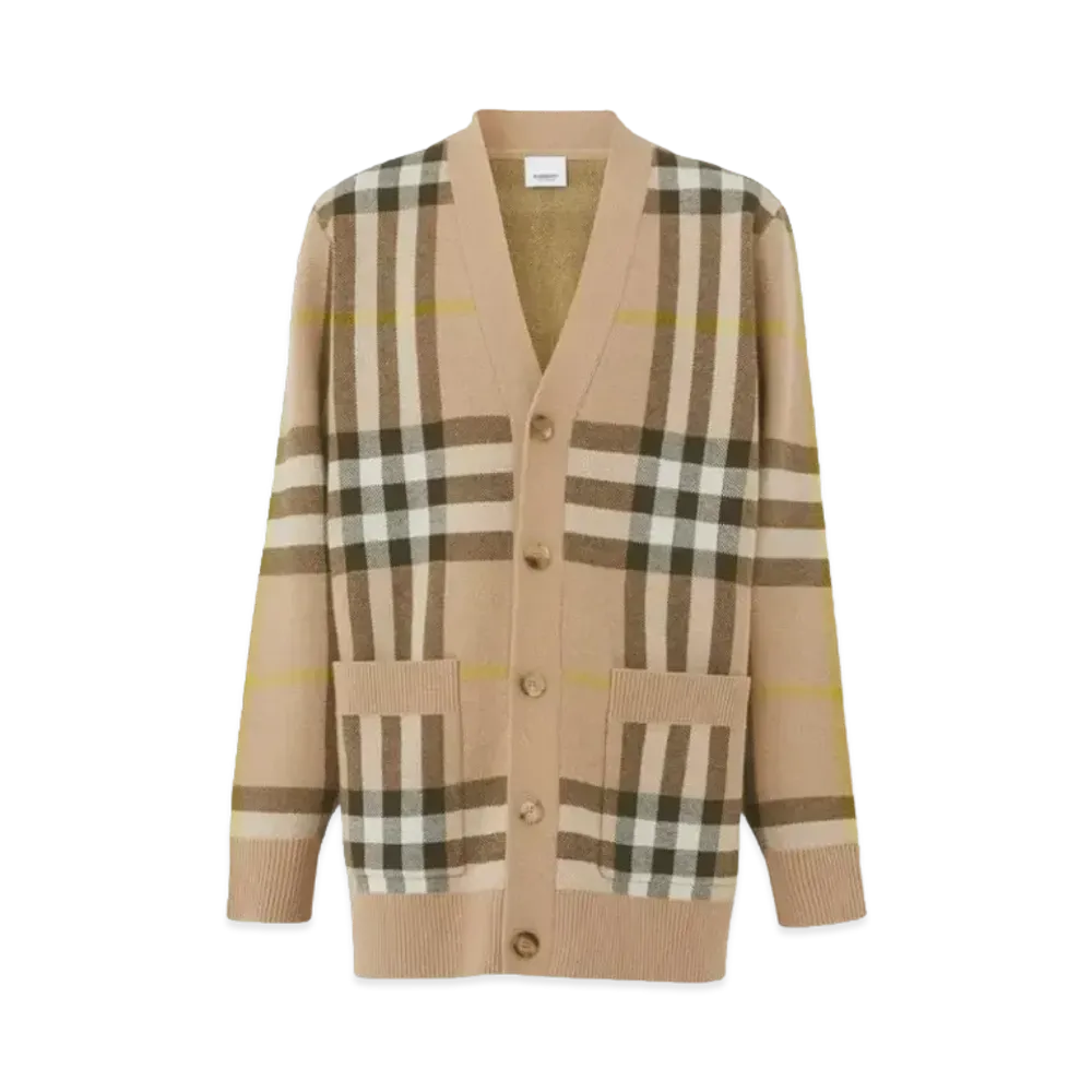 Burberry Men's Check Wool Cashmere Jacquard Cardigan "Archive Beige"