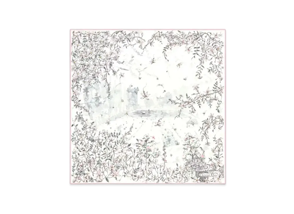 Dior Le Bal des Fleurs Jasmin 70 Square Scarf Silk Twill "Ecru/Pink"