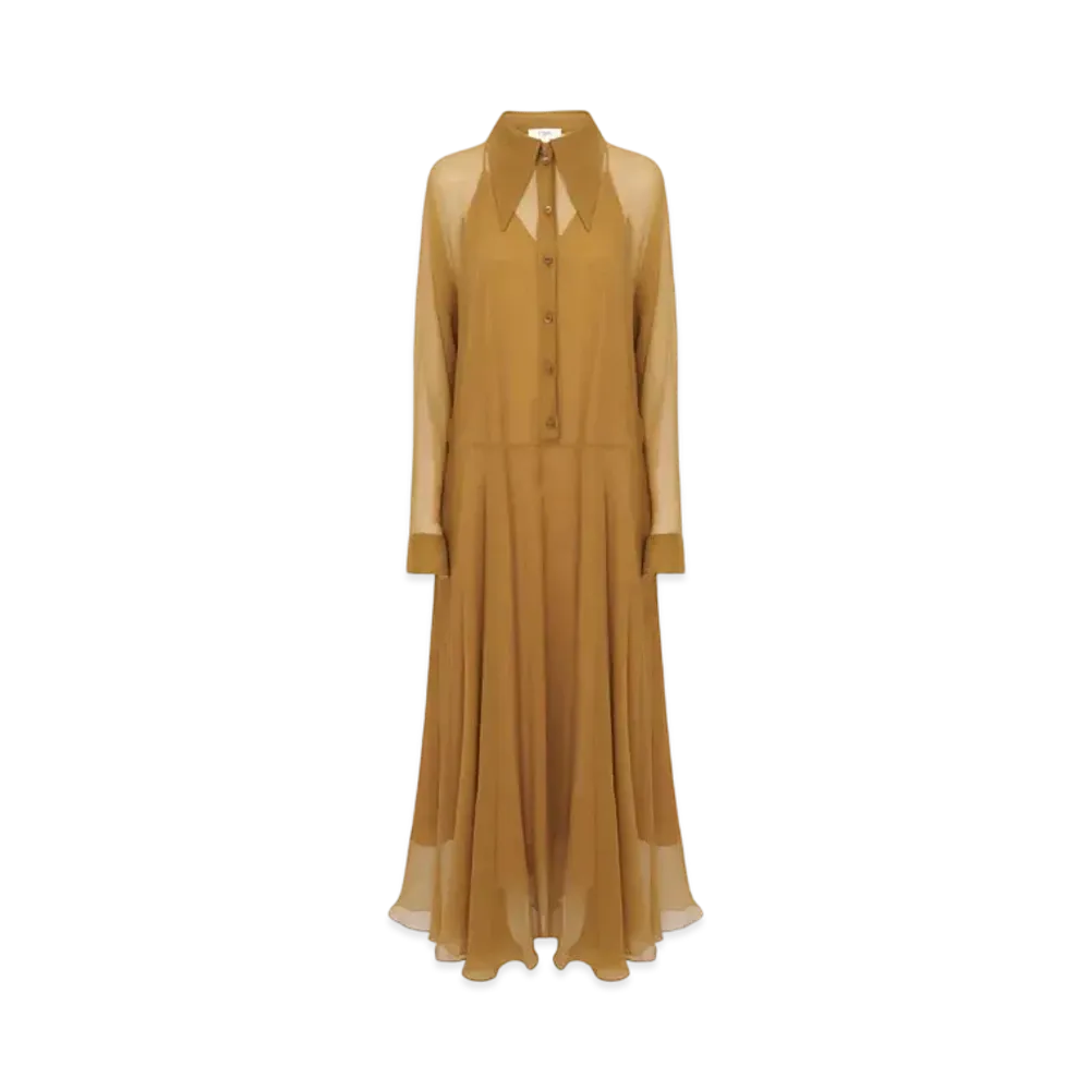 Chloe Fluid Long Shirt Dress In Silk Mousseline "Foamy Green"