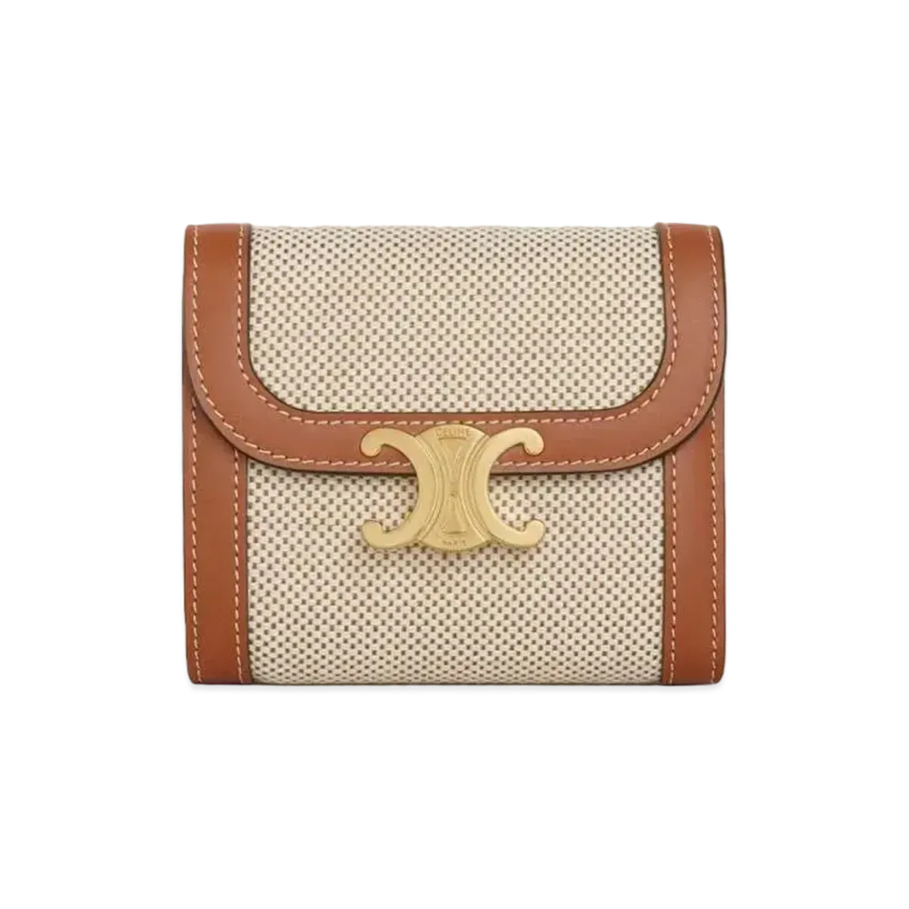 CELINE Small Triomphe Wallet in Textile and Calfskin  "Tan/White"
