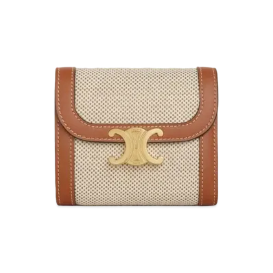 CELINE Small Triomphe Wallet in Textile and Calfskin "Tan/White"