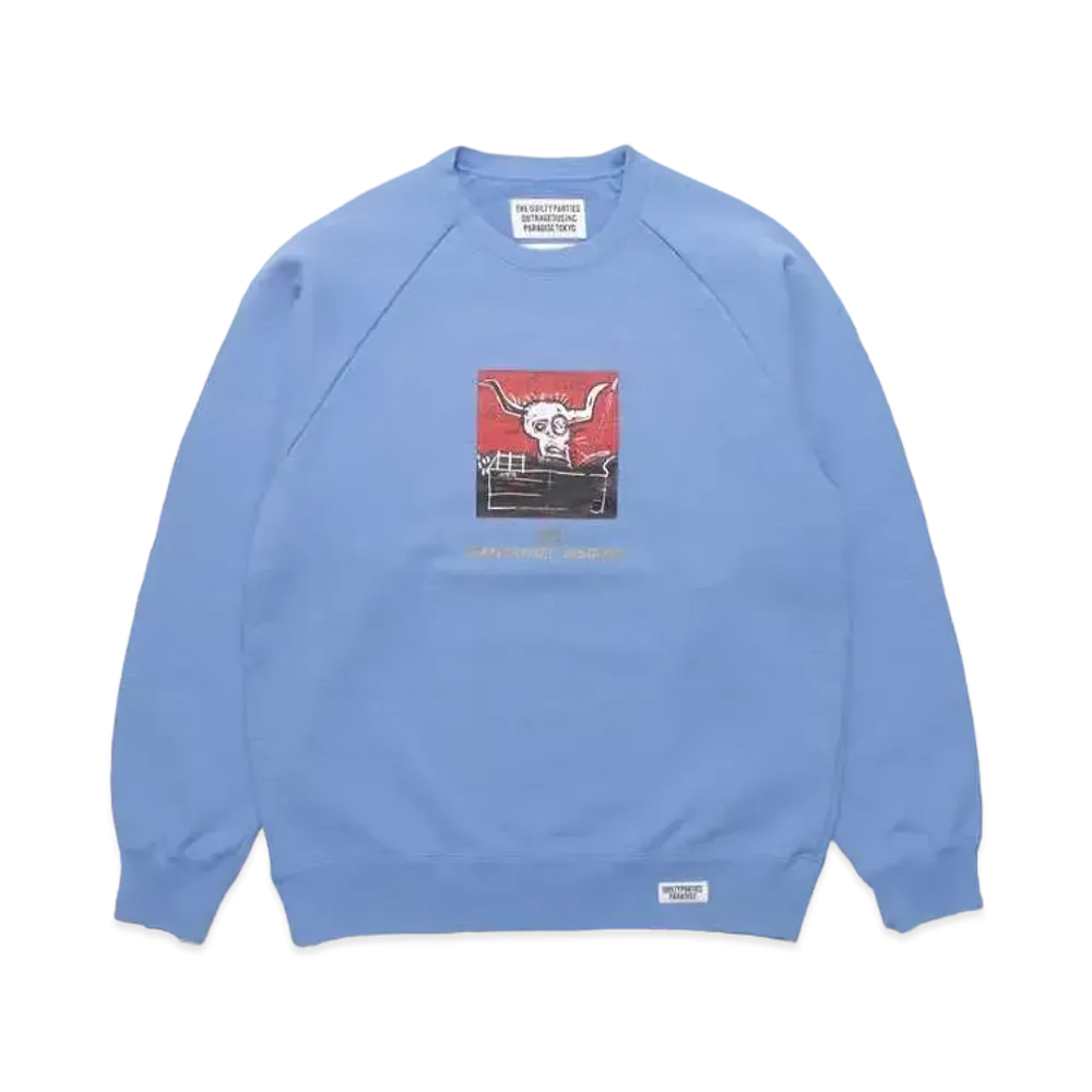 WACKO MARIA JEAN-MICHEL BASQUIAT / Washed Heavy Weight Crew Neck Sweat Shirt "Blue"