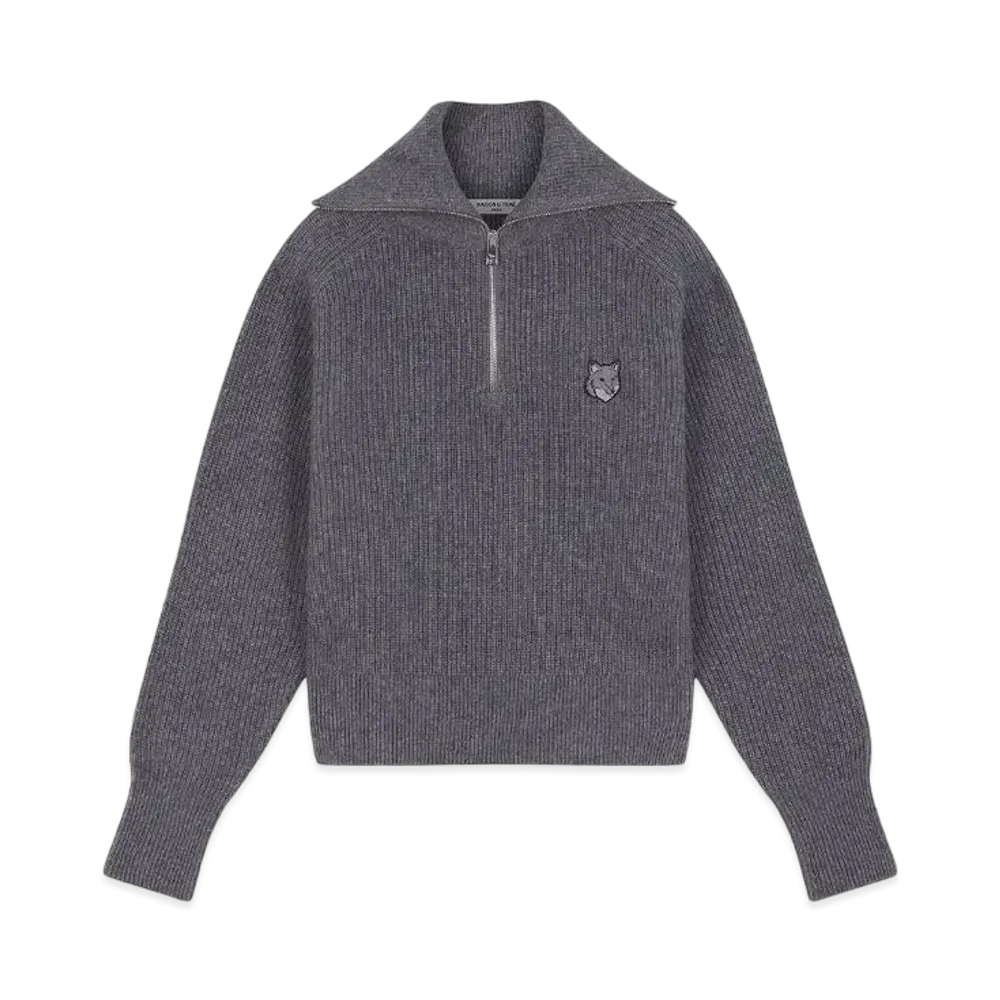 Maison Kitsune Women'S Bold Fox Head Patch Half Zip Rib Jumper "Medium Grey Melange"