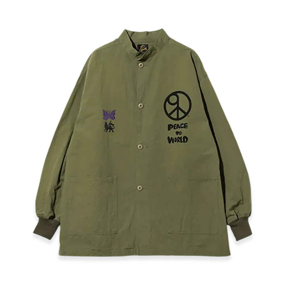 NEEDLES x Sasquatchfabrix. Stand Collar Army Shirt "Peace To World" "Green"