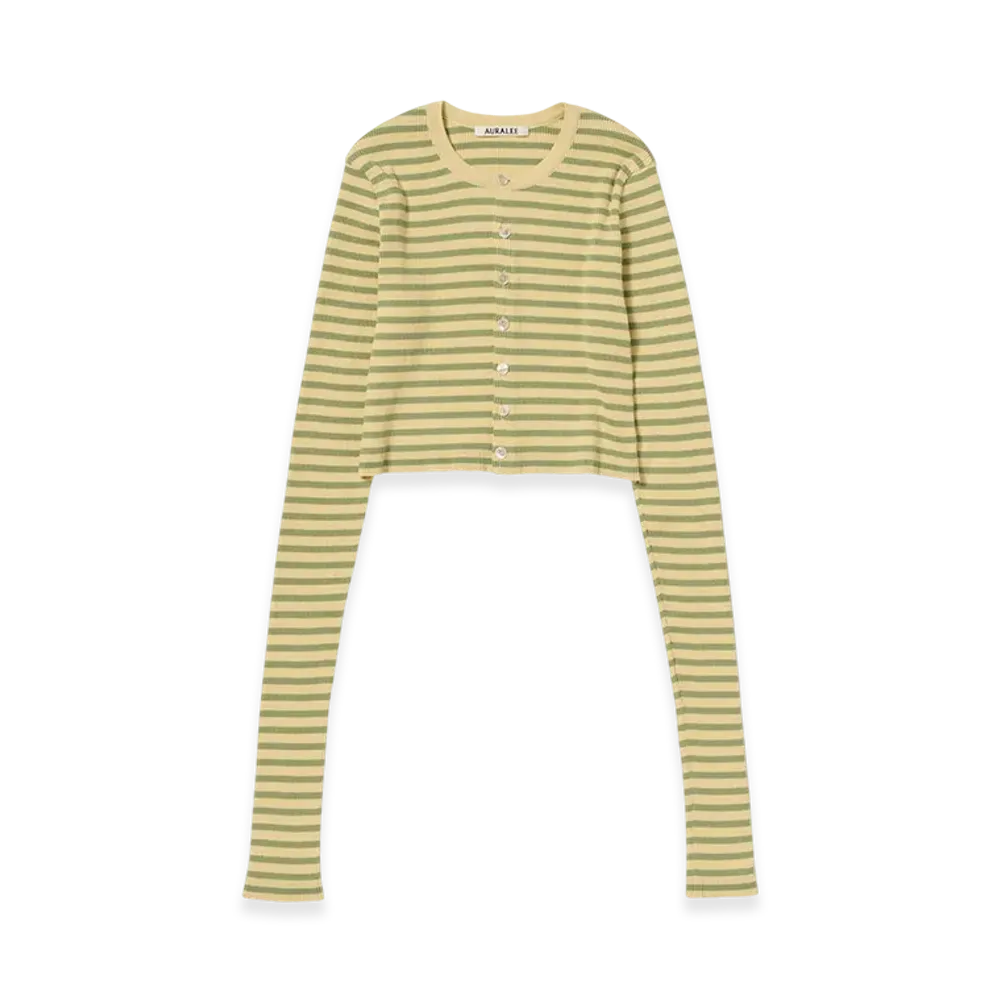 AURALEE Women's Cotton High Gauge Rib Knit Cropped Crew Neck Cardigan "Light Beige/Pale Green Stripe"