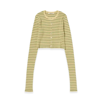 AURALEE Women's Cotton High Gauge Rib Knit Cropped Crew Neck Cardigan "Light Beige/Pale Green Stripe"