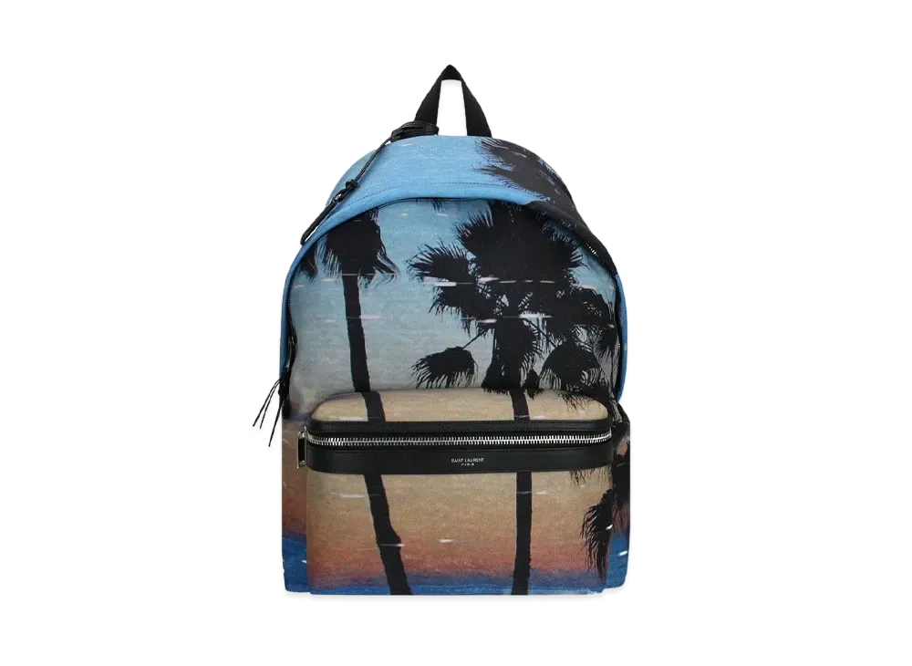 Saint Laurent City Backpack In Econyl, Smooth Leather And Nylon "Azur/Orange Et Noir"