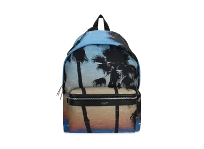 Saint Laurent City Backpack In Econyl, Smooth Leather And Nylon "Azur/Orange Et Noir"