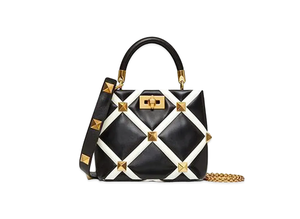 Valentino Small Roman Stud The Handle Bag In Nappa With Grid Detailing "Black/Ivory"