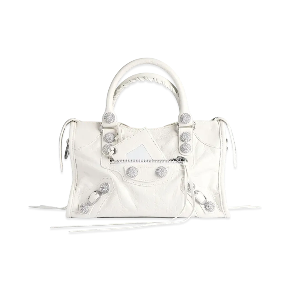BALENCIAGA Le City Bag Small with Giant Studs and Rhinestones "Optic White"