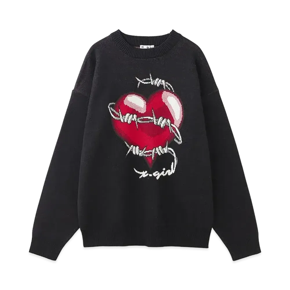 X-Girl Heart Barbed Wire Jacquard Knit Top "Black"