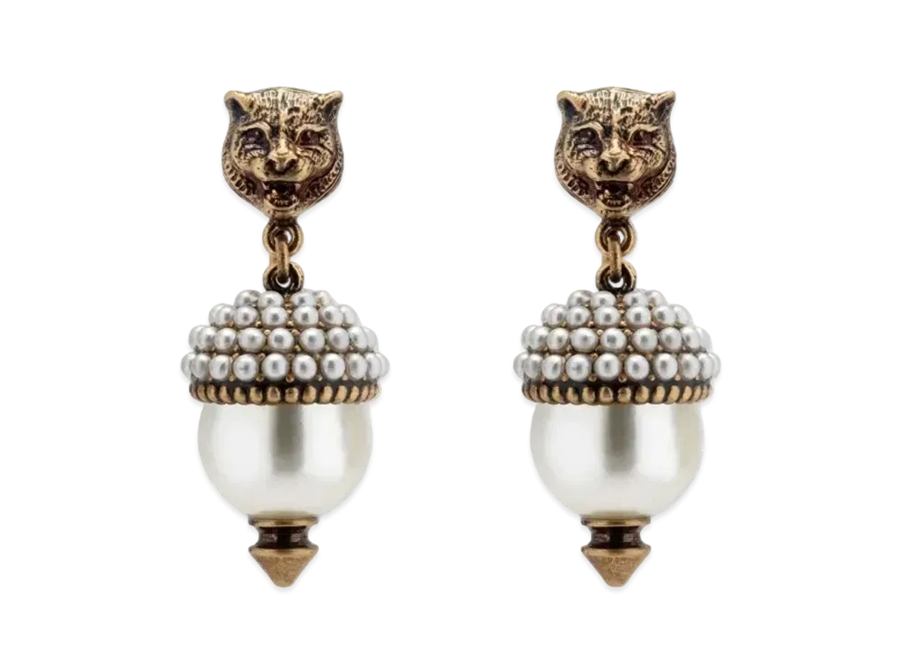 GUCCI Pearl & Tiger Head Earrings "Antique Dark Grey"