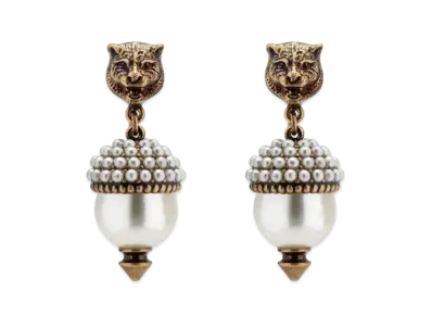 GUCCI Pearl & Tiger Head Earrings "Antique Dark Grey"