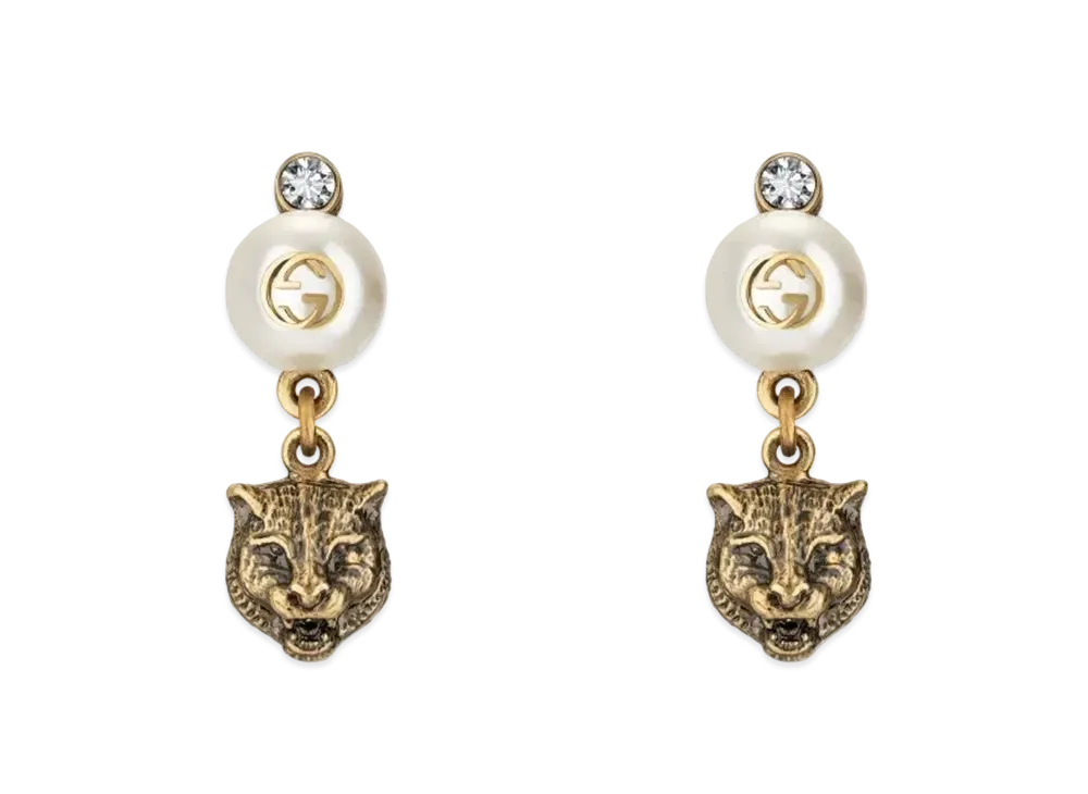 GUCCI Pearl & Tiger Head Earrings "Antique Gold"