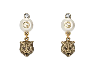 GUCCI Pearl & Tiger Head Earrings "Antique Gold"
