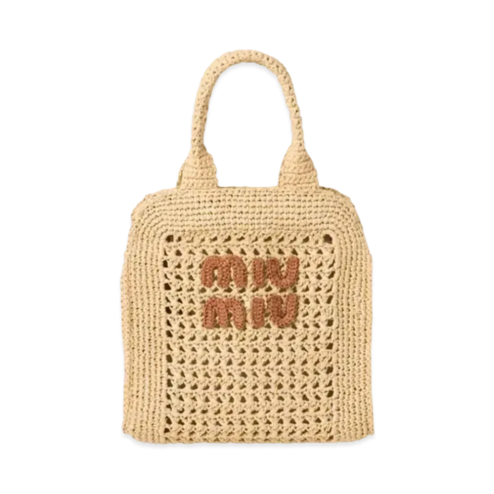 MIUMIU Raffia-Effect Crochet Fabric Tote Bag "Beige/Cognac"