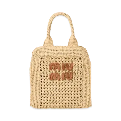 MIUMIU Raffia-Effect Crochet Fabric Tote Bag "Beige/Cognac"