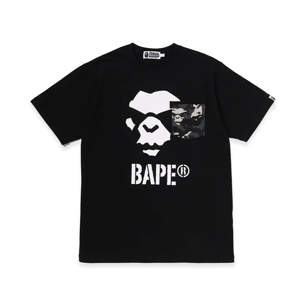 A BATHING APE Multi Pixel Camo Mad Ape Face Pocket Tee "Black"