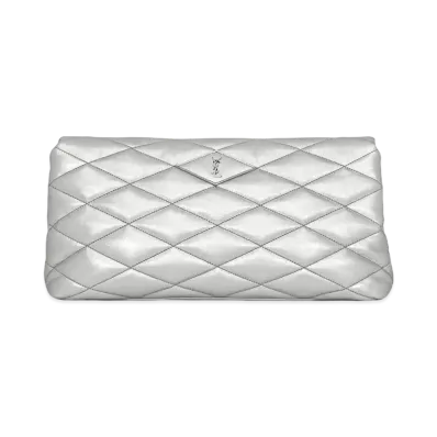 Saint Laurent Sade Puffer Envelope Clutch In Crinkled Lame Leather "Silver"