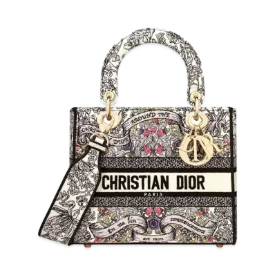 Dior Medium Lady D-Lite Bag Embroidery with Dior Around the World Motif "Latte/Multi Color"