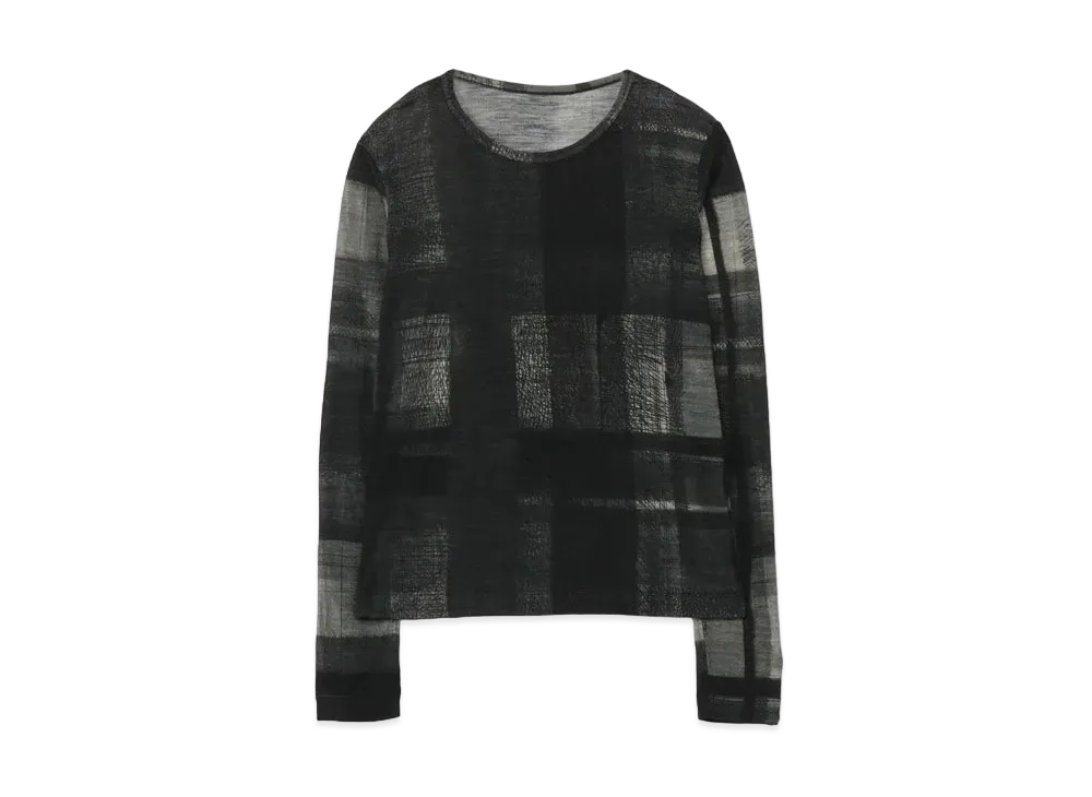 Yohji Yamamoto Y's HAND PAINT CHECK PRINT ROUND NECK LONG SLEEVE T "Black"
