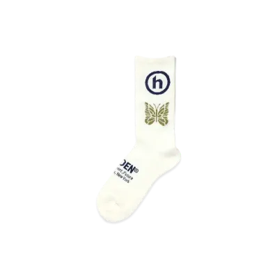 Needles x HIDDEN Jacquard Socks - Papillon x Hidden "White/Blue/Khaki"