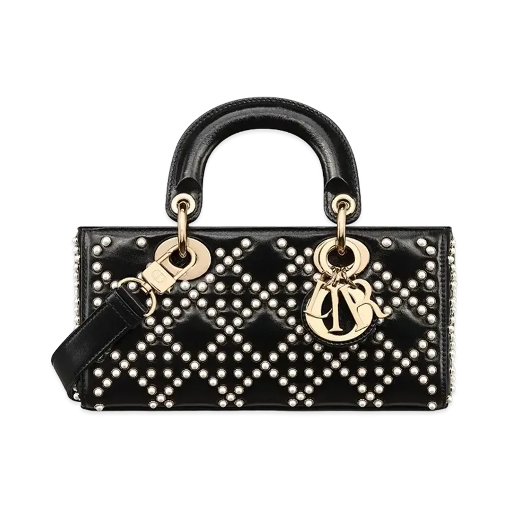 Dior Small Lady D-Joy Bag Crinkle Effect Resin Half Pearl Motif "Black/White"