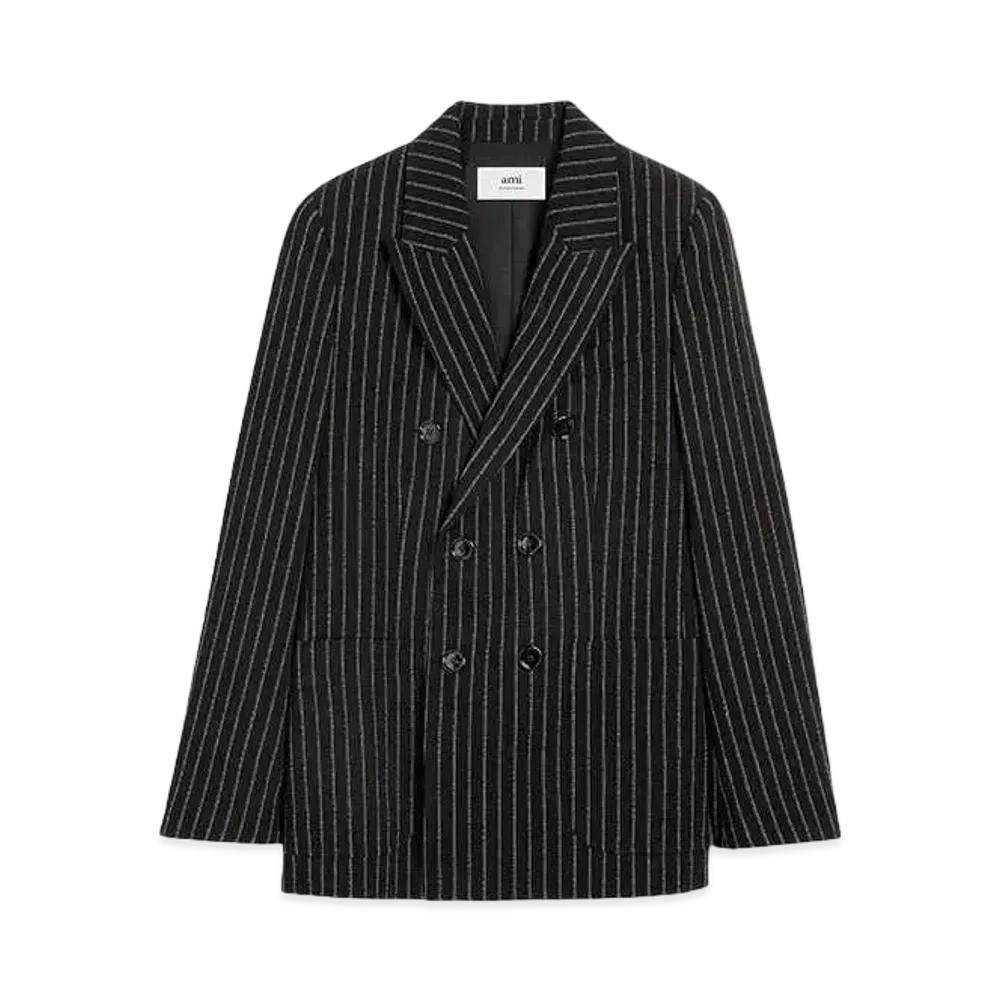 AMI PARIS Stripe Wool Crepe Double Breast Jacket "Black & Chalk"