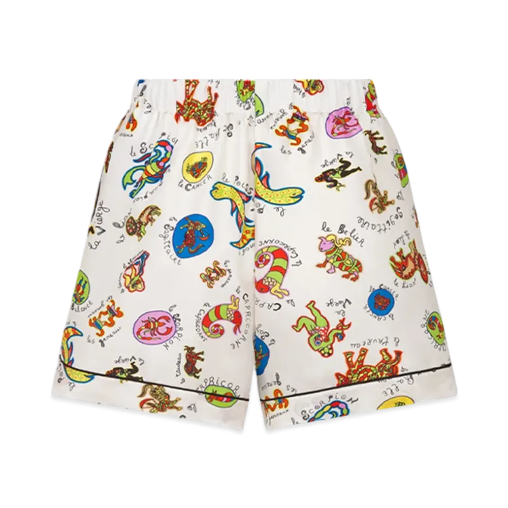 Dior Women's Shorts Silk Twill Dragon Zodiac Motif "White/Multicolor"