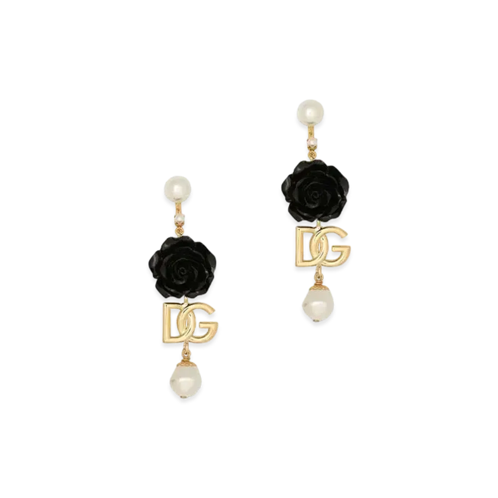 Dolce&Gabbana Drop Earrings With Roses And DG Logo "Gold"
