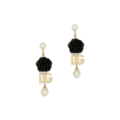 Dolce&Gabbana Drop Earrings With Roses And DG Logo "Gold"