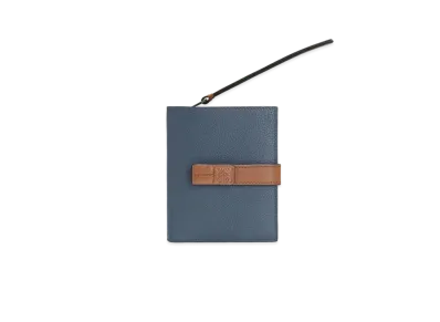 LOEWE Compact Zip Wallet In Soft Grained Calfskin "Steel Blue / Tan"