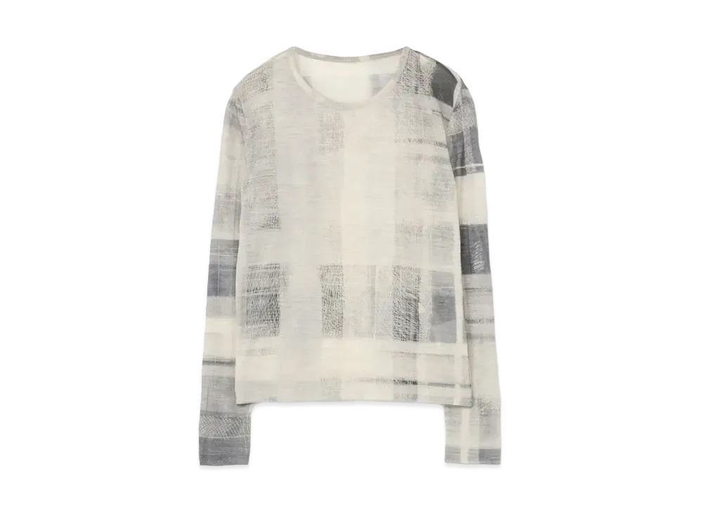 Yohji Yamamoto Y's HAND PAINT CHECK PRINT ROUND NECK LONG SLEEVE T "Gray"