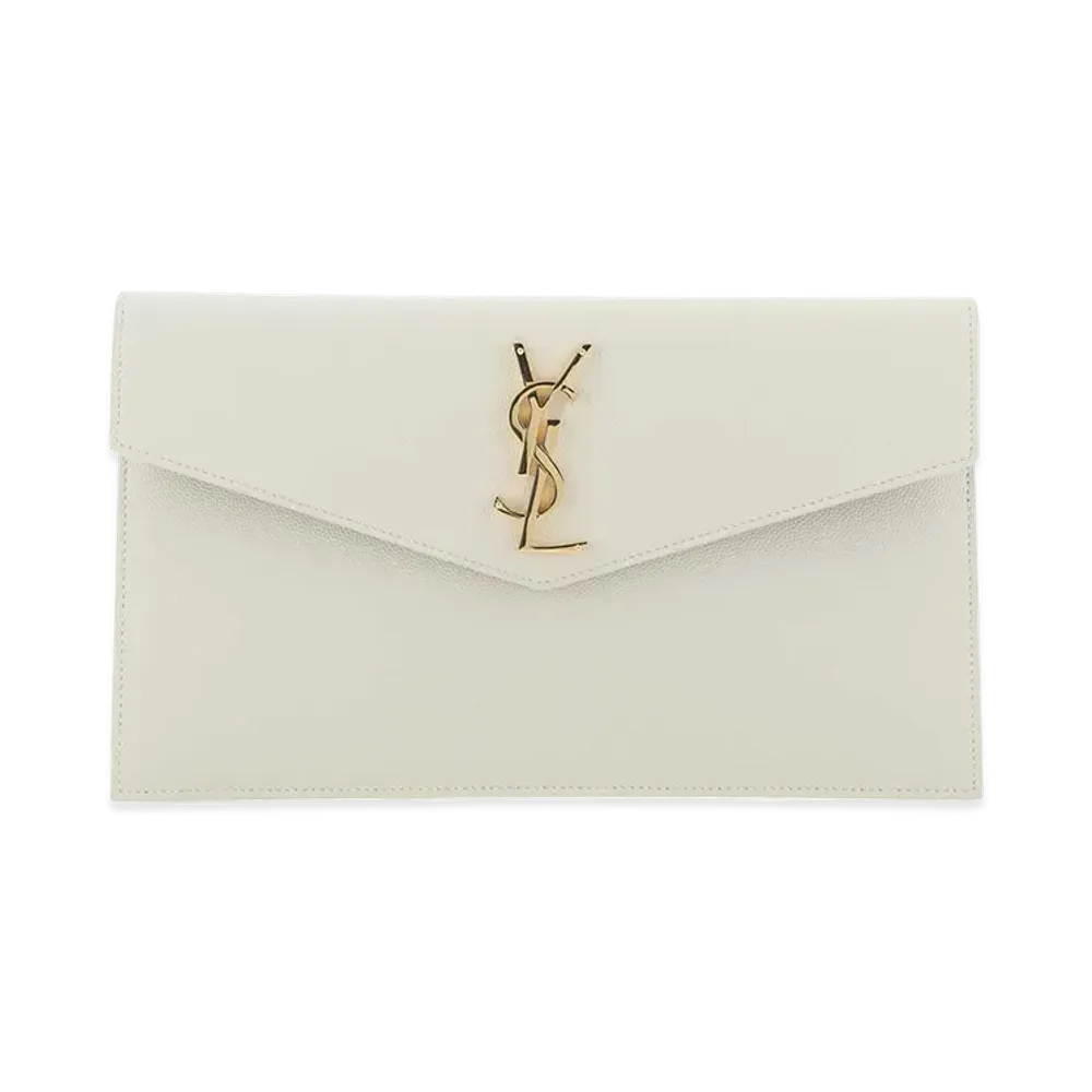 Saint Laurent Women's Uptown Clutch In Grain De Poudre Embossed Leather "White"