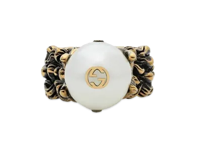 GUCCI Cream Glass Pearl Ring "Gold"