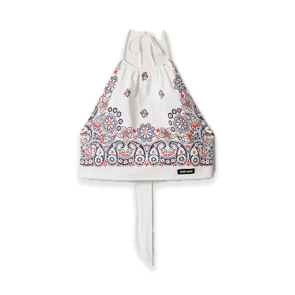 MIU MIU Printed Poplin Halter Top "White/Navy"