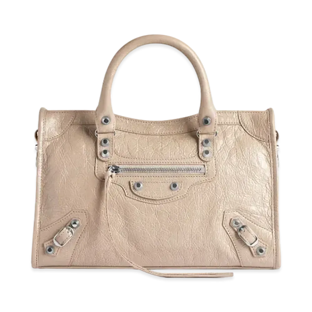 BALENCIAGA Le City Small Bag Arena Lamsbkin, Shiny Silver Hardware "Beige"