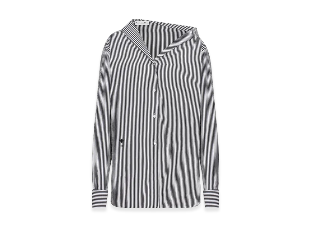 Dior Women's Cotton Poplin with D Stripes Motif Asymmetric Blouse "Black/White"