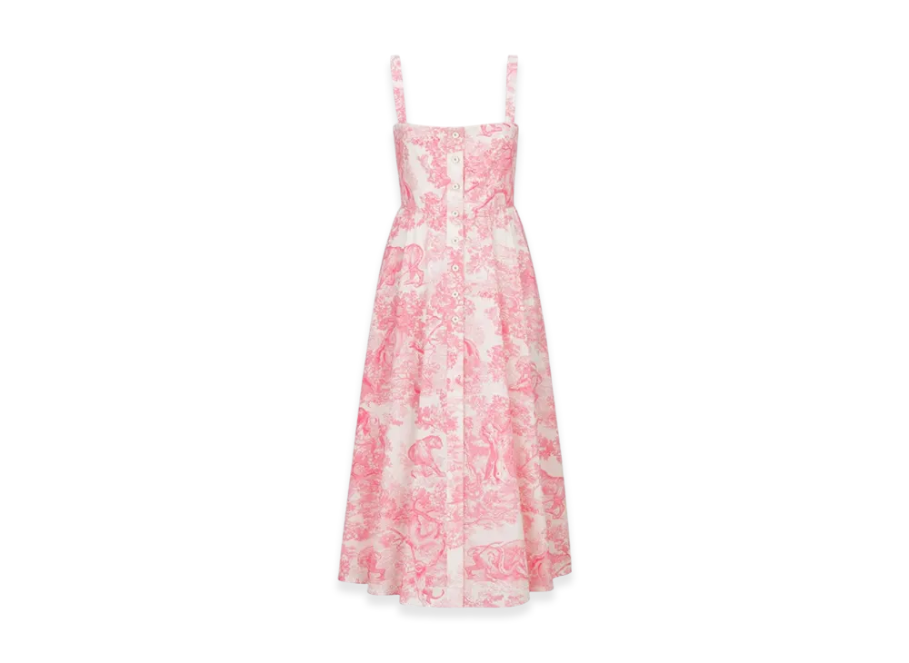 Dior Women's Dioriviera Flared Mid-Length Dress Cotton Silk Poplin with Toile de Jouy Sauvage Motif "White/Candy Pink"